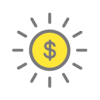 A graphic showing a sun with a yellow centre and a dollar sign in the middle of it.