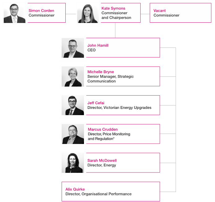 Commission executive team structure: Chairperson Kate Symons, commissioners Simon Corden and Sitesh Bhojani, followed by CEO John Hamill and our executive team.