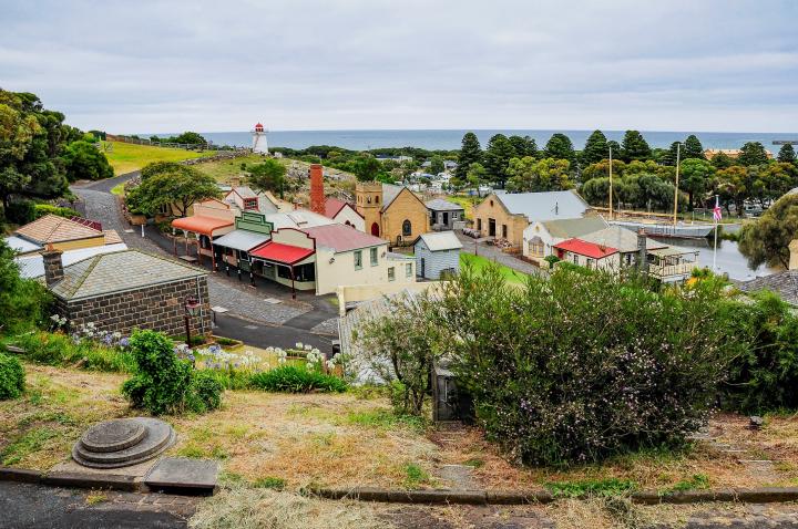 View of Warrnambool township looking down towards the lighthouse and ocean