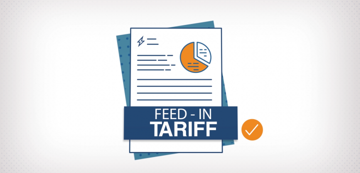 A graphic showing a bill document and the words 'feed-in tariff' in a banner across the front of it. A tick sits to the right of 'feed-in tariff'.