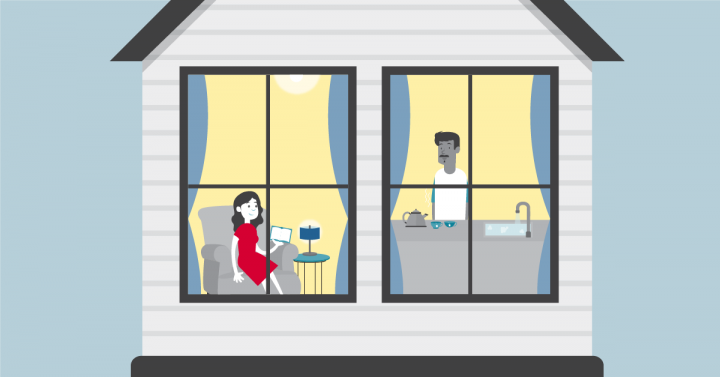 A cartoon image of people in a house using lights, water and a kettle.