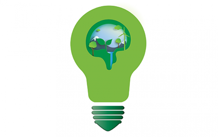 Graphic of a green lightbulb with landscape in the upper portion