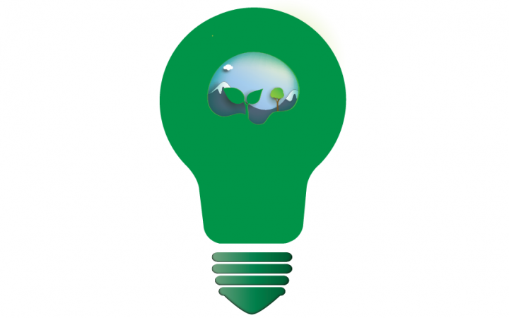 Graphic of a green lightbulb with landscape in the upper portion