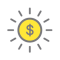 A graphic showing a sun with a yellow centre and a dollar sign in the middle of it.