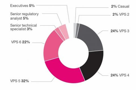 Pie chart showing commission employees by seniority level: the majority (32 per cent) of employees are VPS 5
