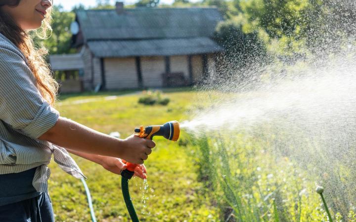 A woman standing in her garden, using garden hose.