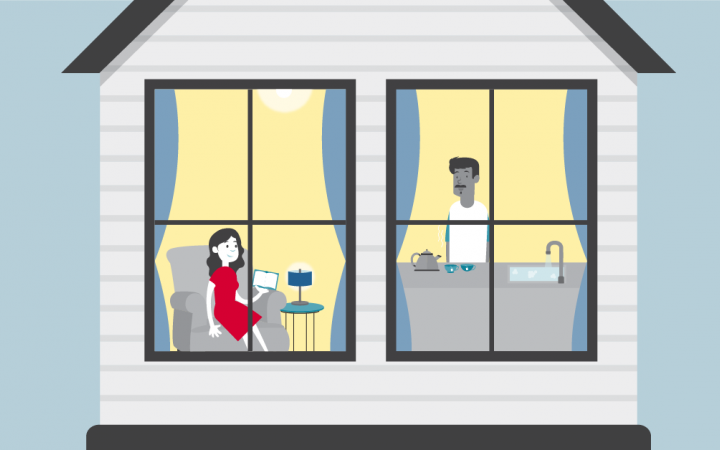 A cartoon image of people in a house using lights, water and a kettle.
