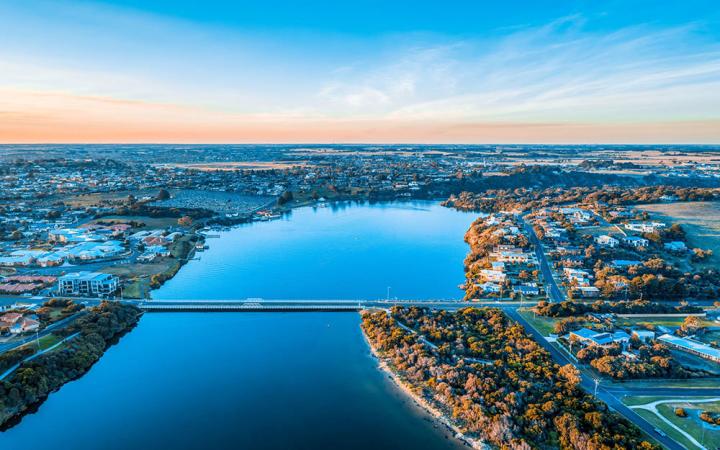 Aerial view of the Hopkins River in Warrnambool, Victoria.