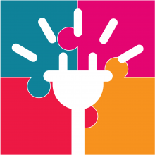 A graphic showing four coloured puzzle pieces joined together to form an icon of an electricity plug.